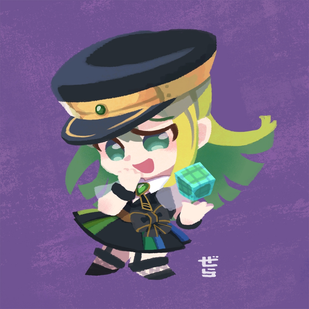 1girl, alina_gray, black_bow, black_footwear, black_headwear, black_vest, blonde_hair, blunt_ends, bow, chibi, cube, full_body, gera-magia, green_eyes, green_hair, hair_between_eyes, hand_to_own_mouth, hat, long_hair, looking_at_viewer, magia_record:_mahou_shoujo_madoka_magica_gaiden, magical_girl, mahou_shoujo_madoka_magica, multicolored_clothes, multicolored_hair, multicolored_skirt, open_mouth, peaked_cap, pleated_skirt, puffy_short_sleeves, puffy_sleeves, short_sleeves, skirt, smile, solo, standing, straight_hair, streaked_hair, striped, striped_skirt, v-neck, vertical-striped_skirt, vertical_stripes, vest, waist_bow