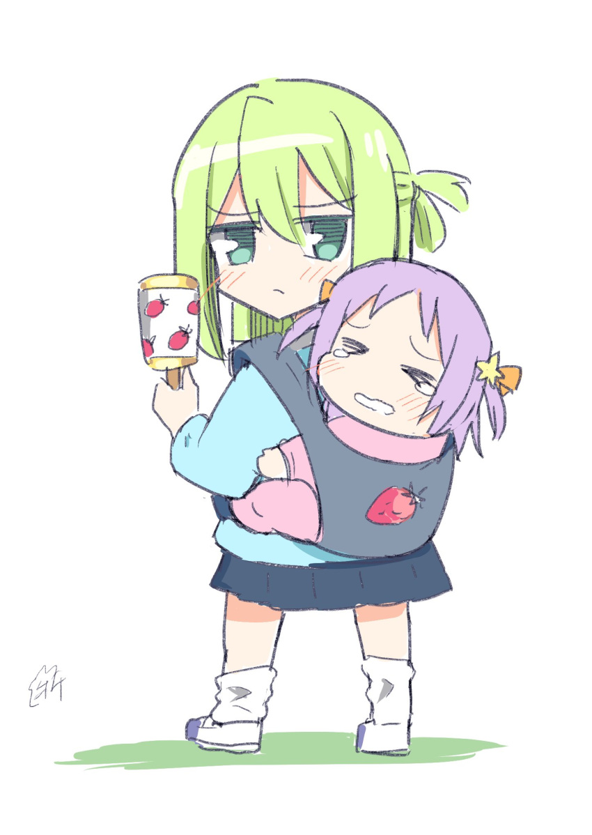 2girls, aged_down, alina_gray, aqua_eyes, baby_carry, blue_shirt, blue_skirt, carrying, closed_eyes, crying, food_print, full_body, green_hair, hair_ornament, hair_ribbon, highres, holding, holding_rattle, kindergarten_uniform, long_sleeves, looking_at_another, magia_record:_mahou_shoujo_madoka_magica_gaiden, mahou_shoujo_madoka_magica, misono_karin, multiple_girls, orange_ribbon, parted_bangs, purple_hair, ribbon, shirt, single_hair_ring, skirt, socks, standing, star_(symbol), star_hair_ornament, straight_hair, strawberry_print, tachibanai, tears, two_side_up, white_footwear, white_socks