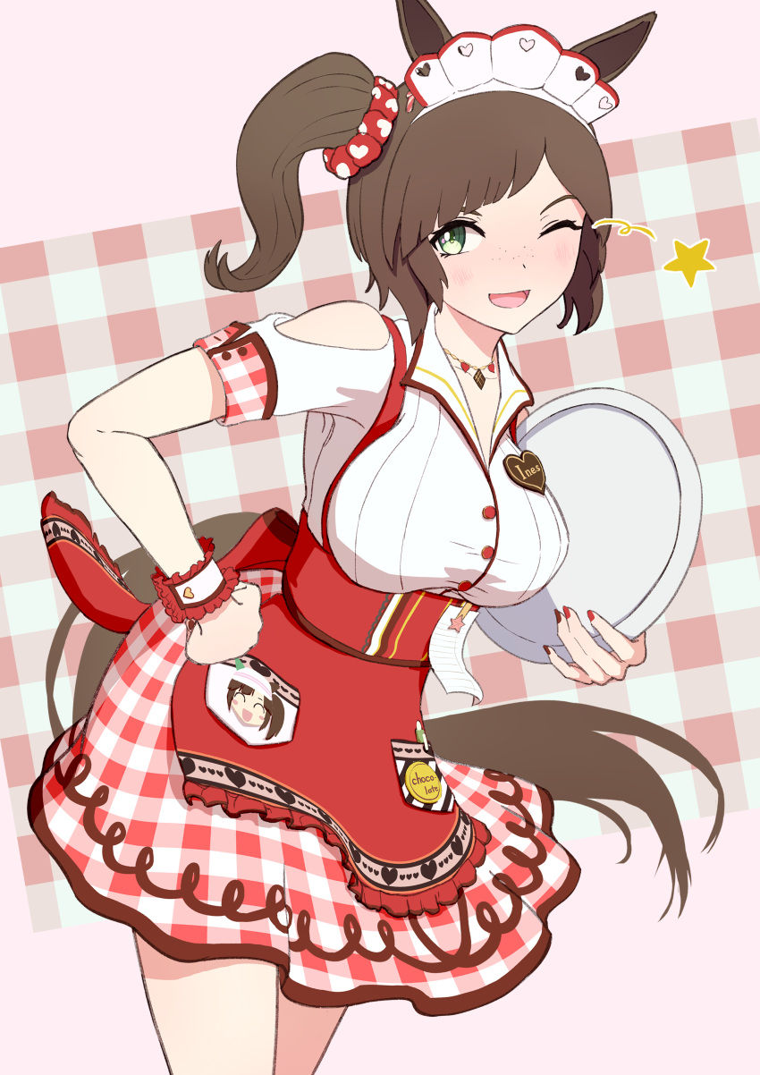 1girl, ;d, absurdres, agepan._(pangcha3324), animal_ears, apron, breasts, brown_hair, cowboy_shot, diagonal_bangs, freckles, green_eyes, hair_ornament, hair_scrunchie, heart_on_chest, highres, holding, holding_tray, horse_ears, horse_girl, horse_tail, ines_fujin_(melty_gift)_(umamusume), ines_fujin_(umamusume), large_breasts, looking_at_viewer, name_tag, one_eye_closed, print_scrunchie, red_apron, red_scrunchie, scrunchie, side_ponytail, smile, solo, tail, tray, umamusume, waitress