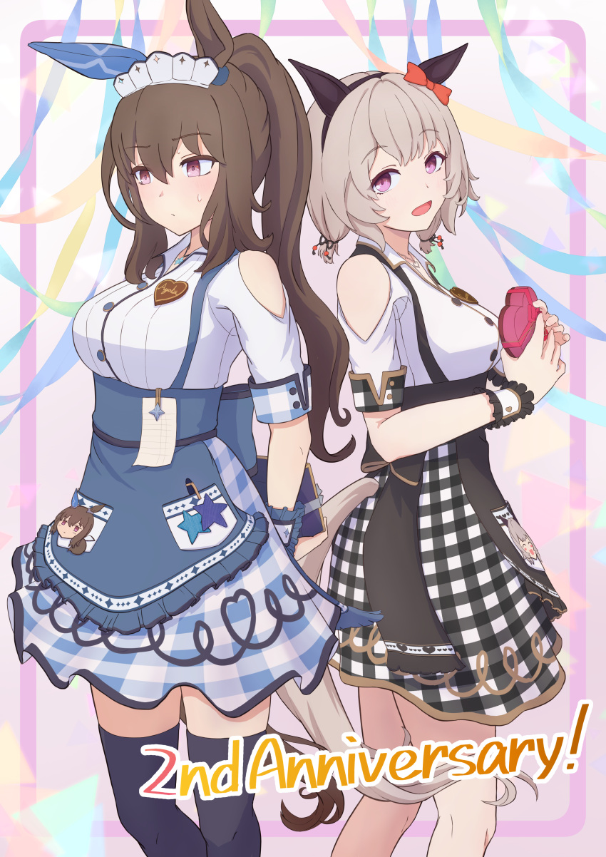 2girls, :d, absurdres, adapted_costume, admire_vega_(umamusume), agepan._(pangcha3324), animal_ears, apron, arms_behind_back, black_hairband, black_thighhighs, blue_apron, blush, breasts, brown_hair, clothing_cutout, cosplay, cowboy_shot, curren_chan_(umamusume), ear_covers, grey_hair, hair_between_eyes, hairband, heart_on_chest, highres, horse_ears, horse_girl, ines_fujin_(melty_gift)_(umamusume), ines_fujin_(umamusume), ines_fujin_(umamusume)_(cosplay), large_breasts, long_hair, looking_at_viewer, low_ponytail, maid_headdress, multiple_girls, plaid, plaid_skirt, shirt, short_hair, shoulder_cutout, single_ear_cover, skirt, smile, thigh-highs, umamusume, violet_eyes, white_shirt