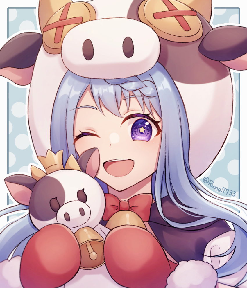 1girl, ;d, animal_ears, blue_hair, bonnet, breasts, commentary, cow, cow_hood, fur-trimmed_gloves, fur_trim, gloves, highres, looking_at_viewer, mahiru_(princess_connect!), one_eye_closed, open_mouth, princess_connect!, red_mittens, runa_(runa7733), smile, solo, star-shaped_pupils, star_(symbol), stuffed_toy, symbol-shaped_pupils, teeth, twitter_username, upper_teeth_only, violet_eyes