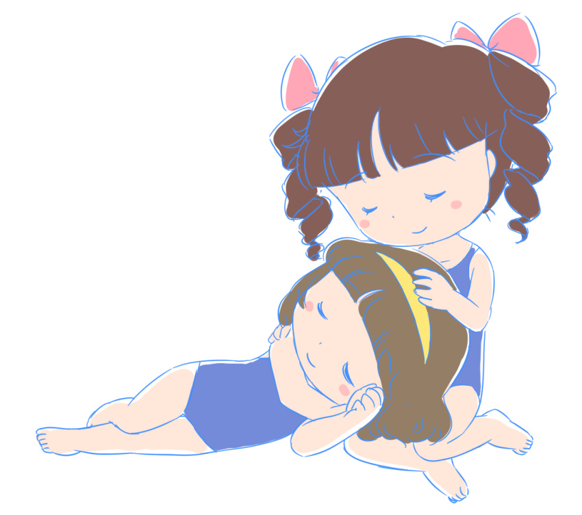2girls, blue_one-piece_swimsuit, blue_swimsuit, blunt_bangs, bob_cut, brown_hair, chibi_maruko-chan, child