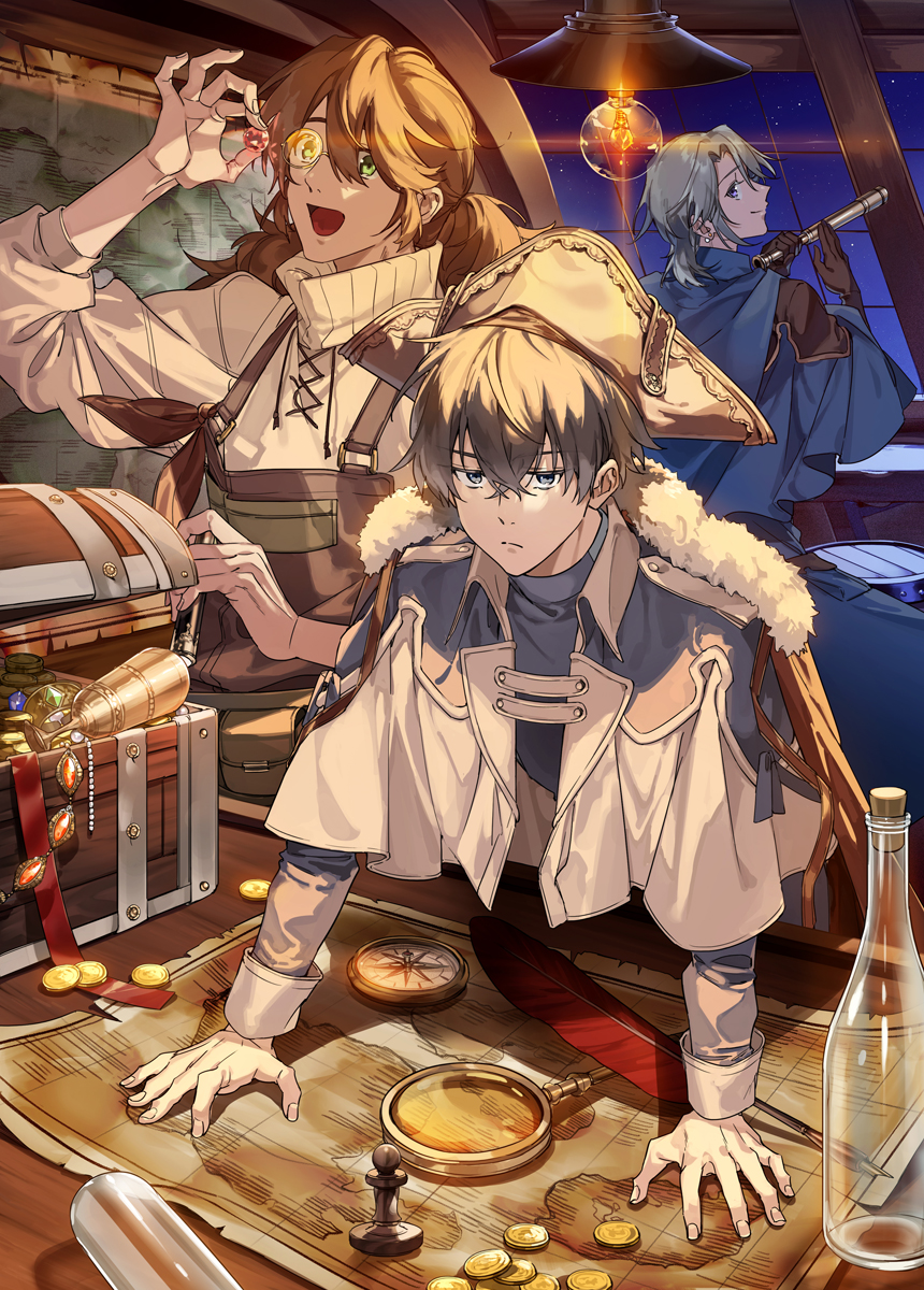 3boys, :d, apron, barrel, black_hair, blue_capelet, blue_eyes, blue_shirt