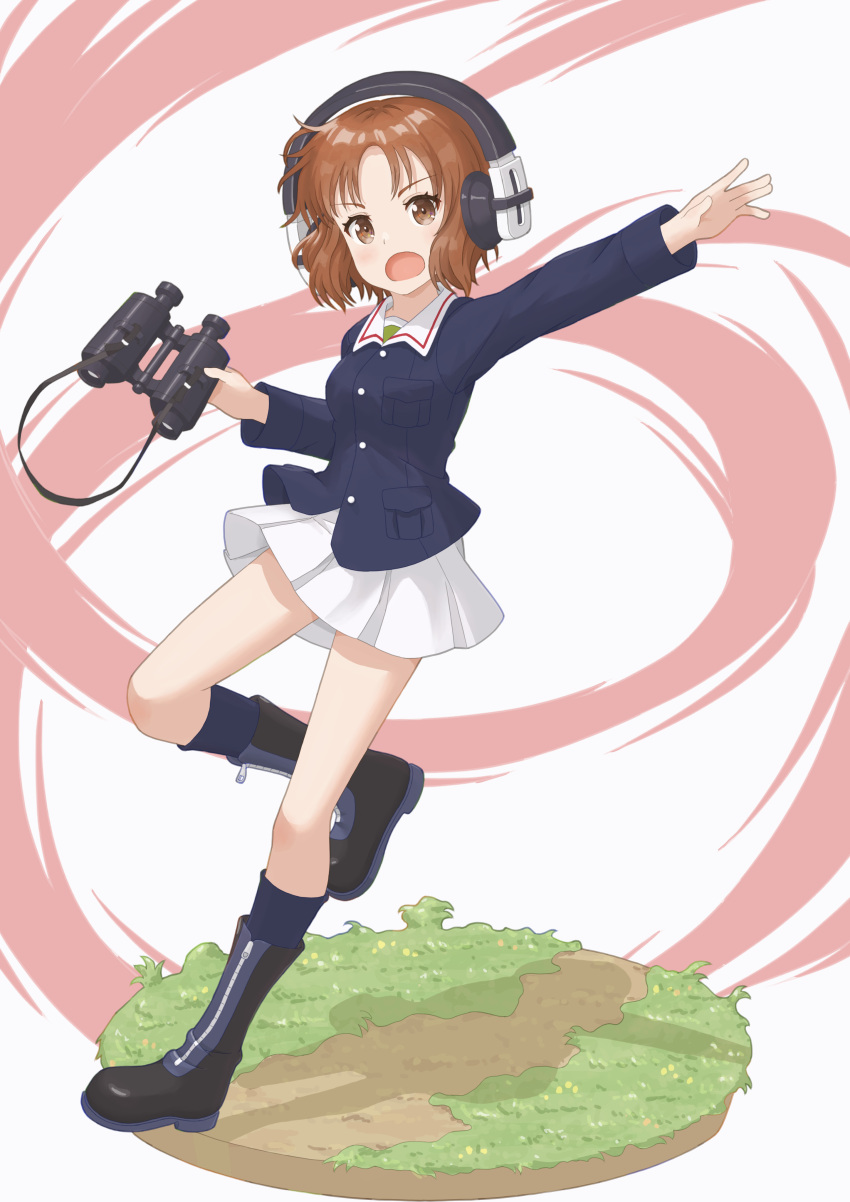 1girl, :o, absurdres, binoculars, black_footwear, blue_jacket, blue_socks, boots