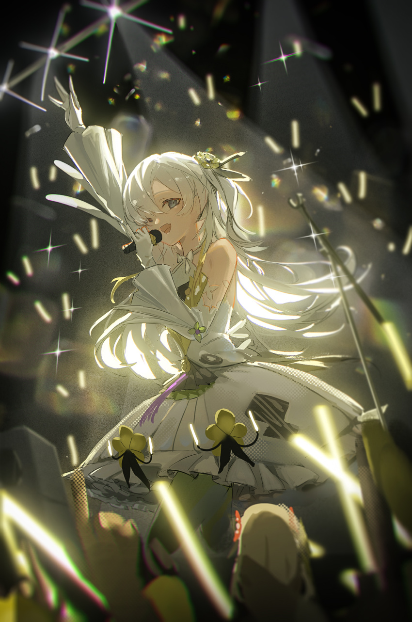 2girls, \||/, arm_up, backlighting, bare_shoulders, blonde_hair, blurry, blurry_background