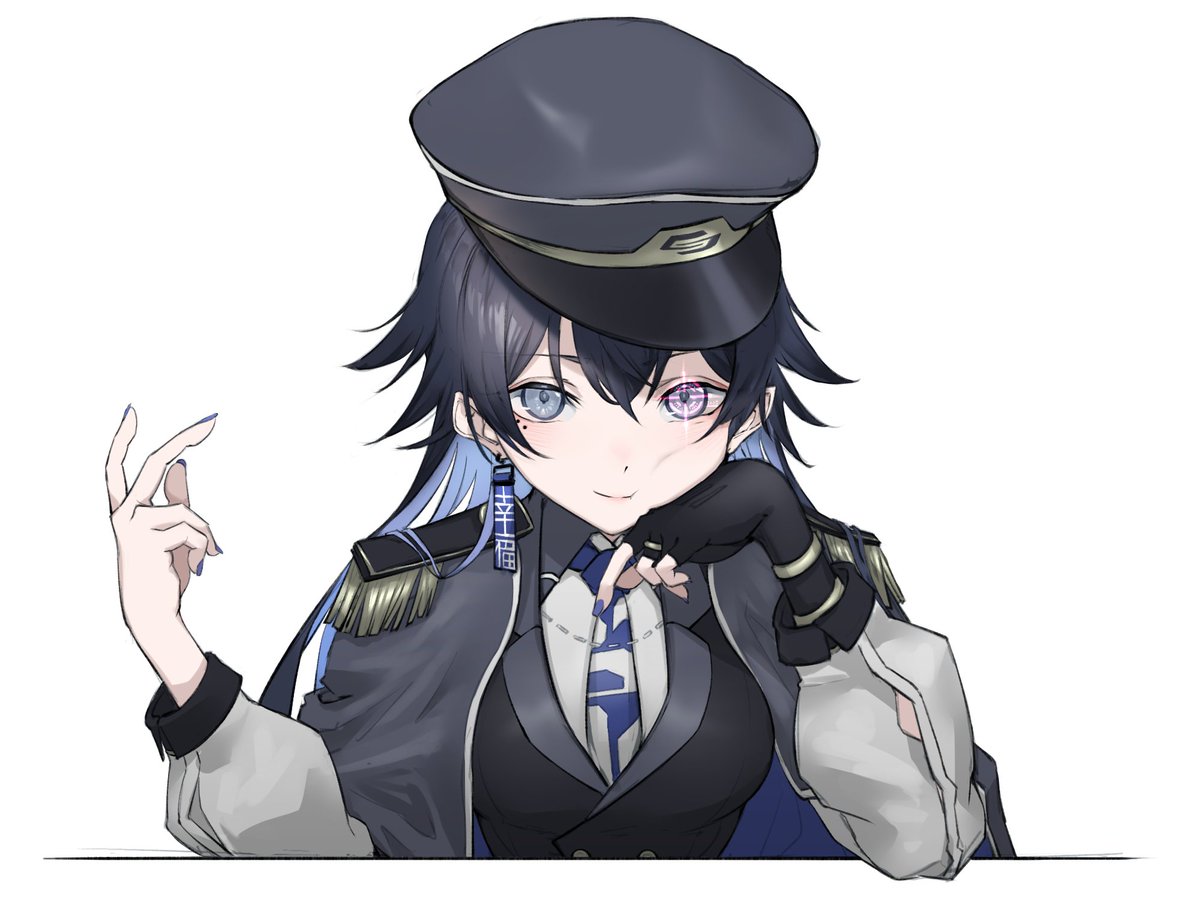 1girl, black_coat, black_gloves, black_hair, black_jacket, blazer, blue_hair, blue_necktie, buttons, character_name, coat, coat_on_shoulders, colored_inner_hair, commentary_request, cropped_torso, crosshair, double-breasted, earrings, epaulettes, fingerless_gloves, gloves, grey_eyes, hair_flaps, hands_up, hat, head_rest, jacket, jewelry, kamitsubaki_studio, koko_(kamitsubaki_studio), light_blue_hair, long_hair, long_sleeves, mole, mole_under_eye, momori0118, multicolored_hair, necktie, peaked_cap, purple_nails, shirt, simple_background, single_fingerless_glove, smile, solo, symbol_in_eye, tilted_headwear, two-tone_necktie, white_background, white_necktie, white_shirt