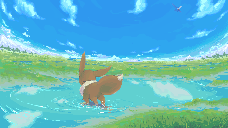 clouds, eevee, ibui_matsumoto, latios, nature, no_humans, pokemon, pokemon_(creature)
