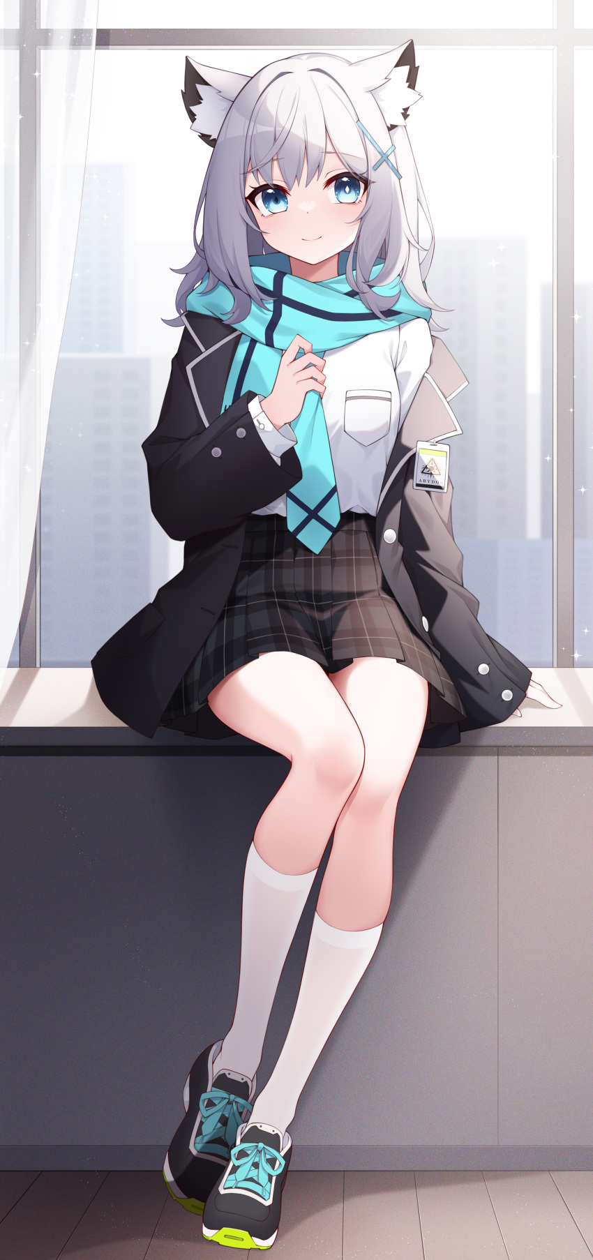 1girl, absurdres, animal_ear_fluff, black_footwear, black_jacket, black_skirt, blue_archive, blue_eyes