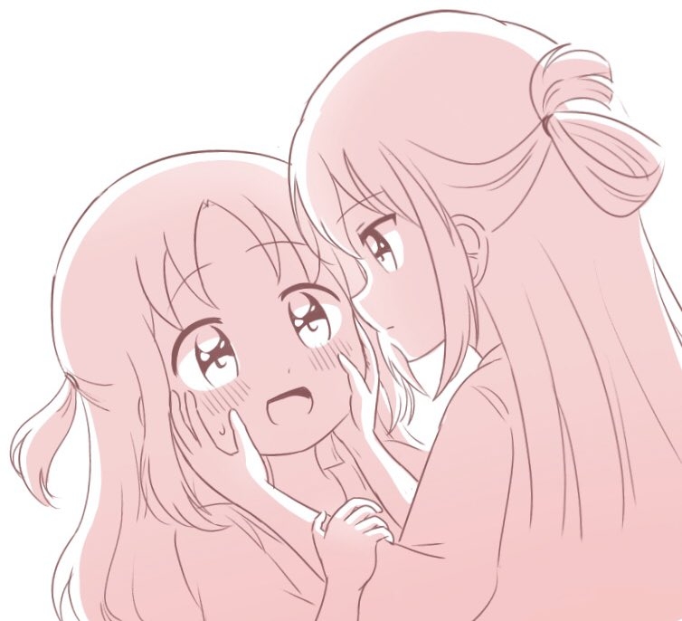 2girls, :d, alina_gray, blush, closed_mouth, hair_between_eyes, hands_on_another's_face, long_hair, looking_at_another, magia_record:_mahou_shoujo_madoka_magica_gaiden, mahou_shoujo_madoka_magica, misono_karin, monochrome, multiple_girls, open_mouth, parted_bangs, profile, sidelocks, simple_background, single_hair_ring, smile, straight_hair, sweatdrop, takuan_ningen, two_side_up, upper_body, white_background
