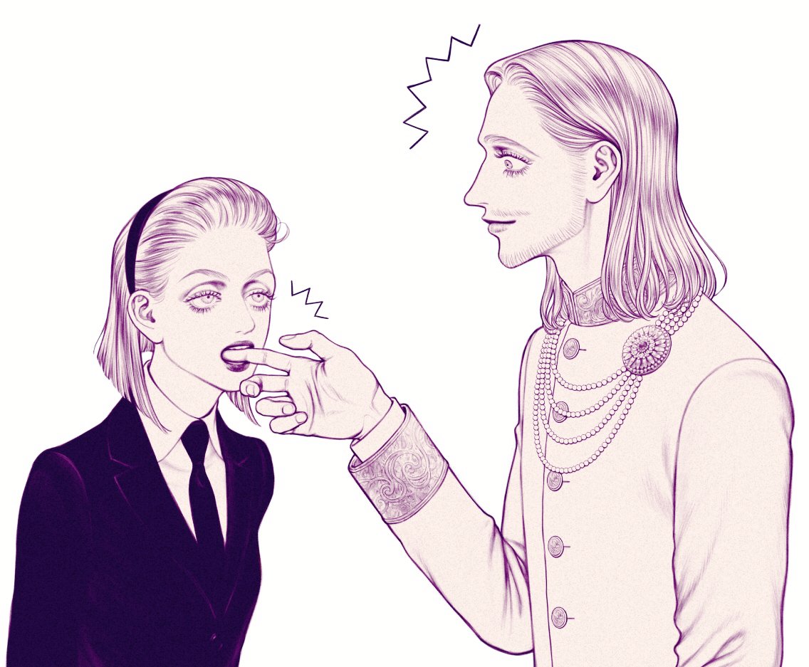 1boy, 1girl, bella_scottland, biting, black_suit, blonde_hair, eyelashes, facial_hair
