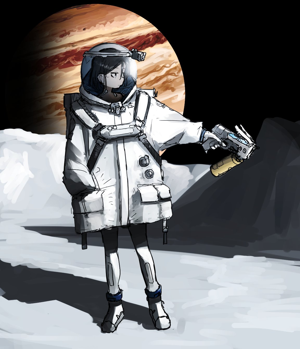 1girl, action_camera, backpack, bag, black_hair, black_sky, canister, chest_harness