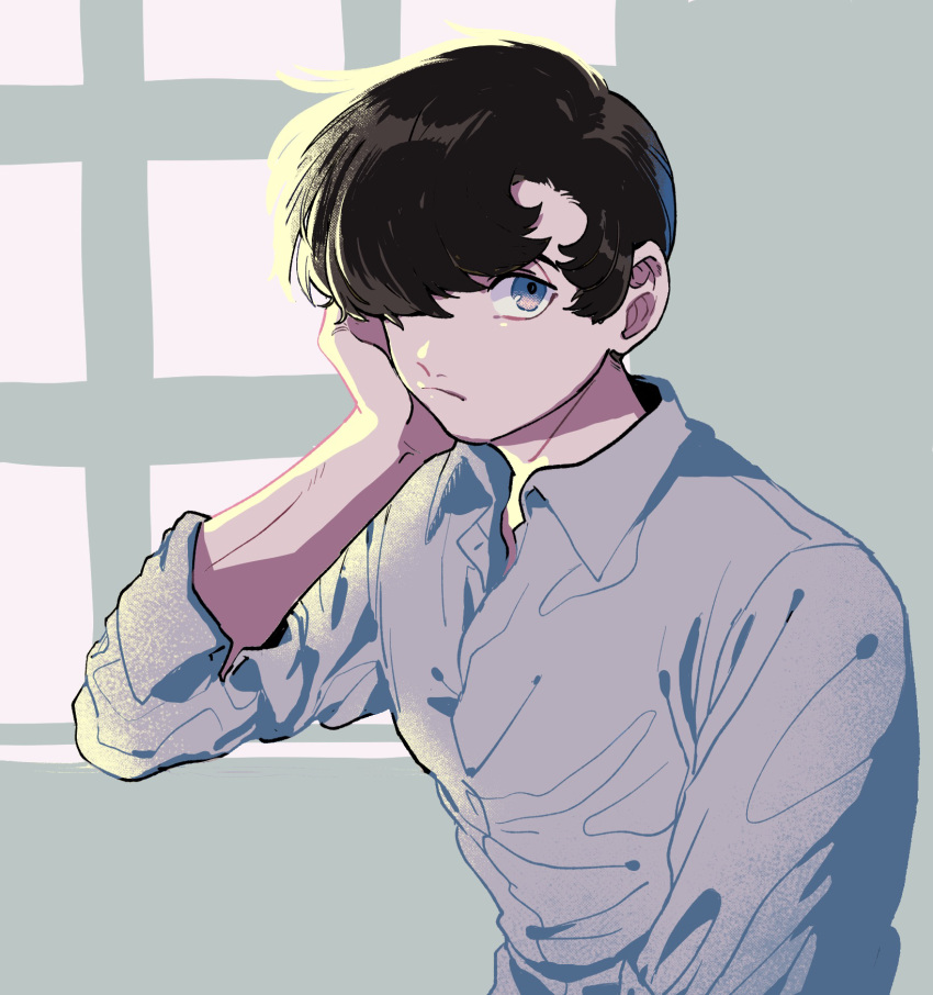 1boy, black_hair, blue_eyes, closed_mouth, collared_shirt, expressionless, hair_over_one_eye, hand_on_own_cheek