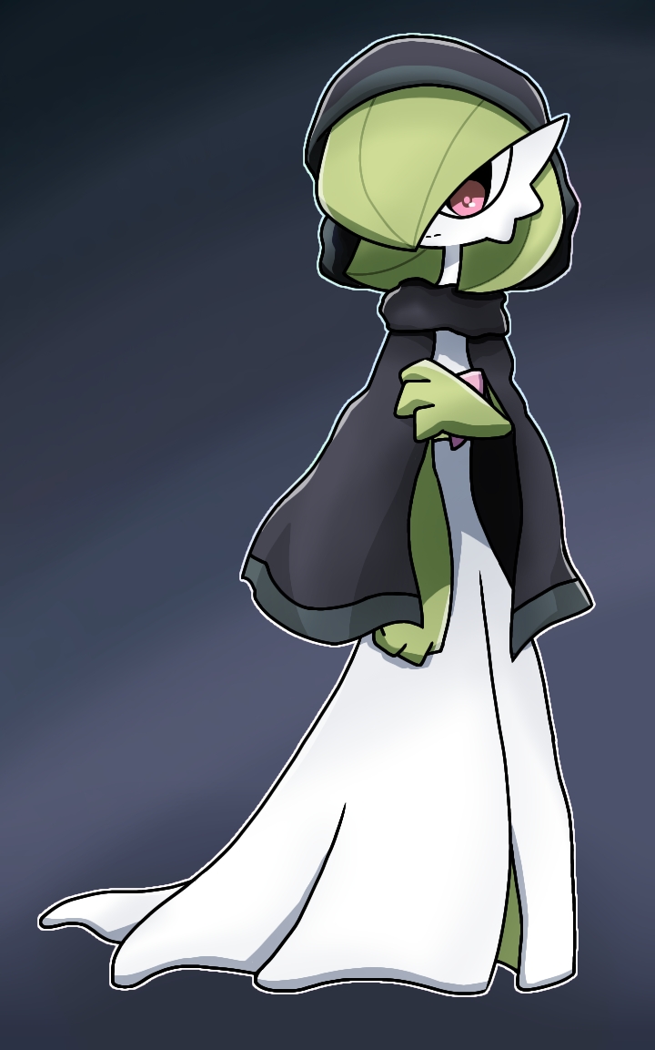 1girl, arm_at_side, black_cloak, bob_cut, cloak, closed_mouth, colored_skin, commentary_request, covert_cloak, flat_chest, full_body, gardevoir, green_hair, green_skin, grey_background, hand_up, hood, hood_up, hooded_cloak, multicolored_skin, outline, partial_commentary, pokemon, pokemon_(creature), red_eyes, short_hair, simple_background, solo, split_mouth, standing, two-tone_skin, white_outline, white_skin, yuri_(pixiv_76483886)