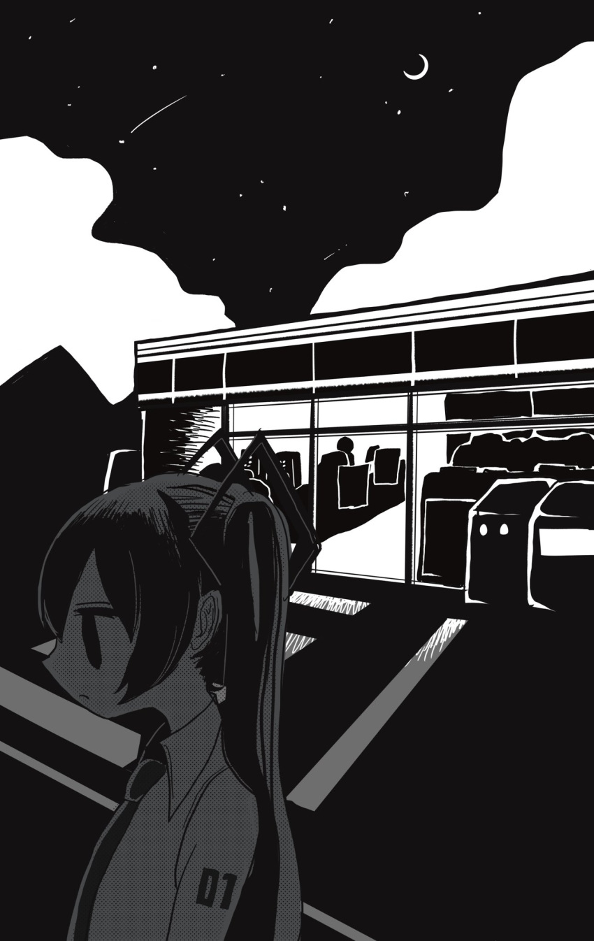 1girl, clouds, cloudy_sky, collared_shirt, commentary_request, convenience_store, crescent_moon, crosswalk