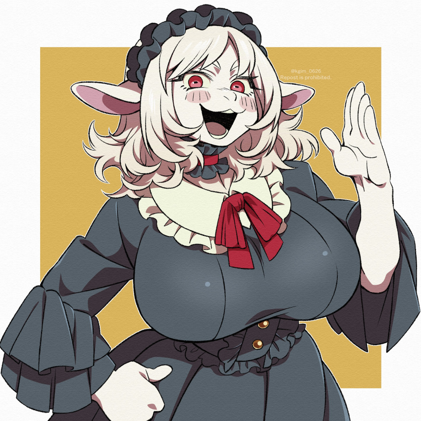 1girl, absurdres, animal_ears, blush, breasts, character_request, copyright_request, furry, furry_female, goat_ears, goat_girl, highres, horizontal_pupils, kageimo, large_breasts, long_sleeves, looking_at_viewer, medium_hair, messy_hair, open_mouth, red_eyes, smile, solo, teeth, twitter_username, upper_body, white_hair