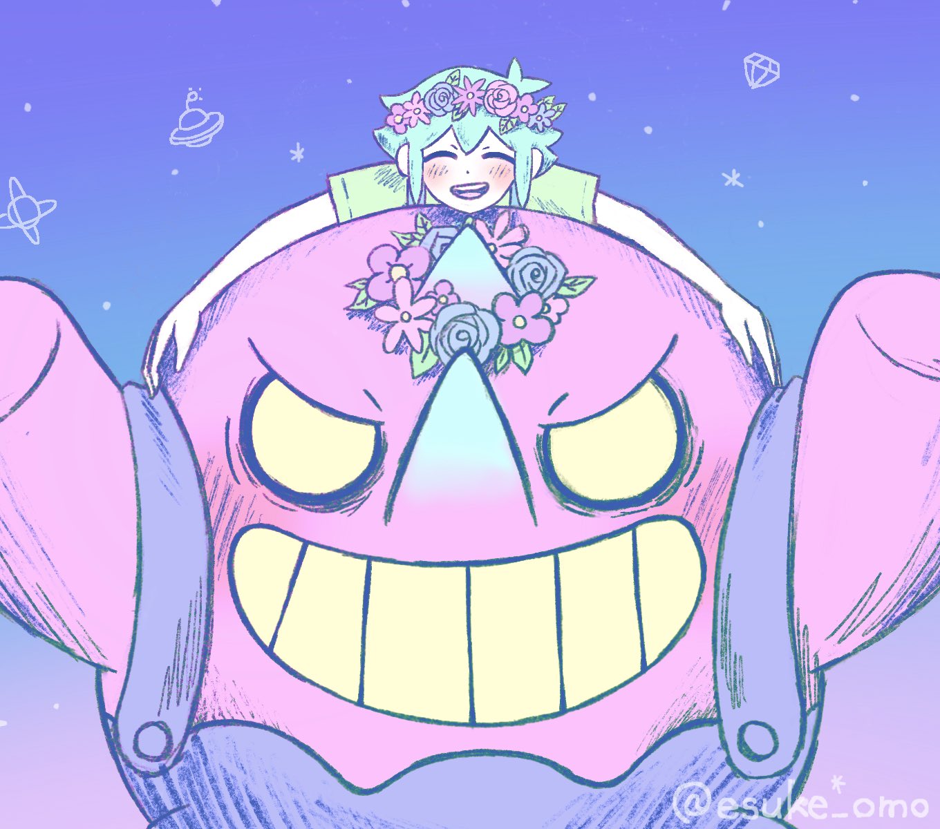 1boy, basil_(omori), blue_overalls, blush, boss_(omori), closed_eyes, colored_skin, esuke_omo