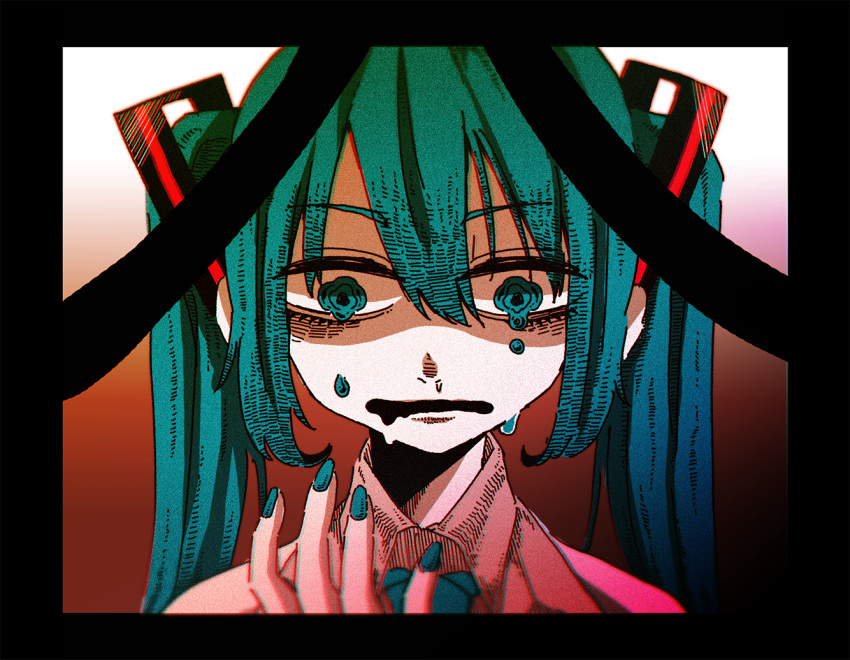 1girl, aqua_eyes, aqua_hair, aqua_nails, aqua_necktie, black_background, black_border, border
