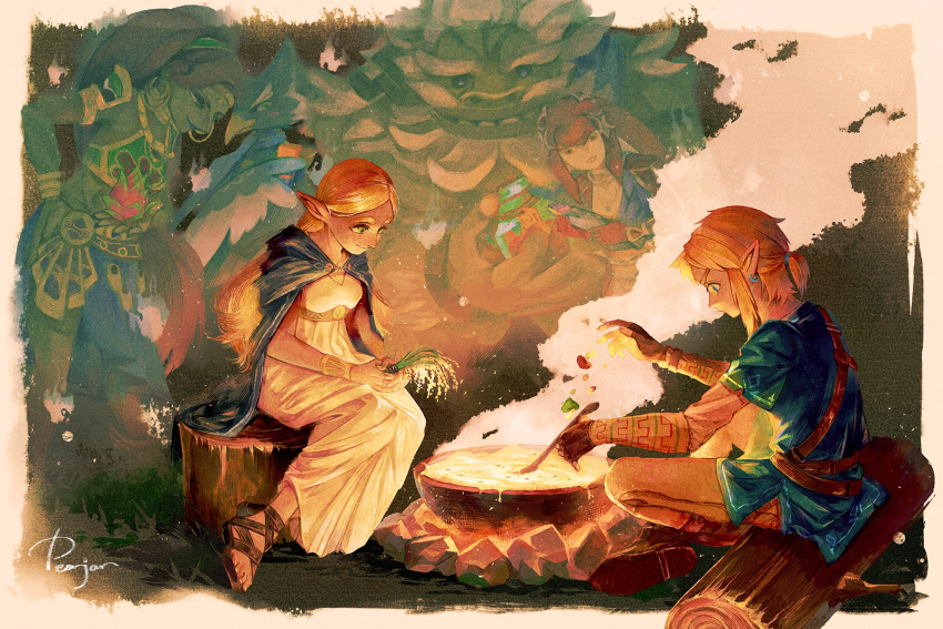 3boys, 3girls, bird_boy, blonde_hair, cooking, cooking_pot, daruk, dress