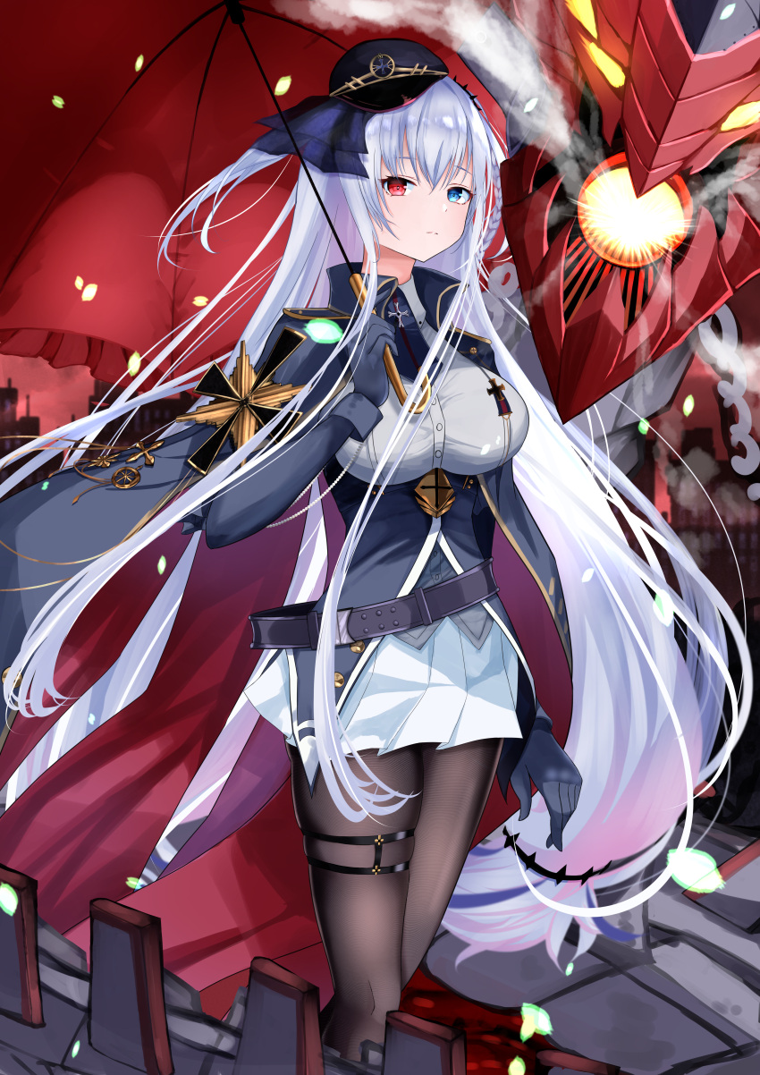 1girl, absurdres, azur_lane, black_gloves, black_headwear, black_necktie, black_pantyhose, blue_eyes