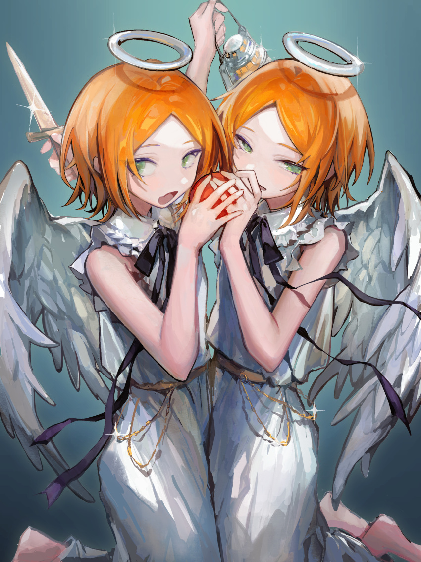 2boys, 2wink_(ensemble_stars!), absurdres, angel, angel_wings, aoi_hinata, aoi_yuta, apple, brothers, dress, ensemble_stars!, feathered_wings, food, fruit, green_eyes, grey_background, halo, highres, holding, holding_food, holding_fruit, light_blue_background, male_focus, merumerunu39, multicolored_background, multiple_boys, open_mouth, orange_hair, short_hair, siblings, sleeveless, sleeveless_dress, twins, wings