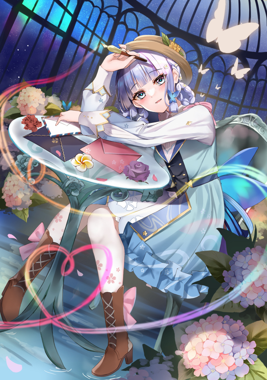 1girl, absurdres, blue_dress, blue_eyes, blue_hair, blunt_bangs, blunt_tresses, blush, boots, brown_footwear, bug, butterfly, butterfly_hair_ornament, chair, commentary, cross-laced_footwear, dress, flower, genshin_impact, hair_flower, hair_ornament, hat, hat_flower, highres, holding, holding_pen, hydrangea, kamisato_ayaka, kamisato_ayaka_(springbloom_missive), lemon_t, letter, light_blue_hair, long_sleeves, official_alternate_costume, official_alternate_hairstyle, pantyhose, parted_lips, pen, puffy_long_sleeves, puffy_sleeves, sitting, sky, smile, solo, star_(sky), starry_sky, table, white_pantyhose