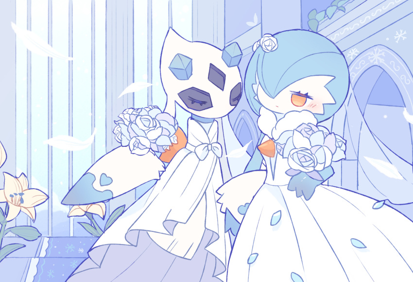 2girls, :|, alternate_color, arch, arm_at_side, bibi_(kano2541293757), black_skin, blue_flower, blue_hair, blue_rose, blue_skin, blue_theme, blush, bob_cut, bouquet, closed_eyes, closed_mouth, clothed_pokemon, colored_skin, commentary, dress, english_commentary, expressionless, feathers, flat_chest, floating, flower, froslass, full_body, fur_collar, gardevoir, hair_over_one_eye, half-closed_eyes, hand_up, heart, highres, holding, holding_bouquet, indoors, interspecies, jitome, lily_(flower), locked_arms, multicolored_skin, multiple_girls, one_eye_covered, orange_eyes, petals, pokemon, pokemon_(creature), rose, shiny_pokemon, short_hair, sleeveless, sleeveless_dress, snowflake_print, standing, two-tone_skin, u_u, wedding, wedding_dress, white_dress, white_feathers, white_flower, white_rose, white_skin, wife_and_wife, yuri