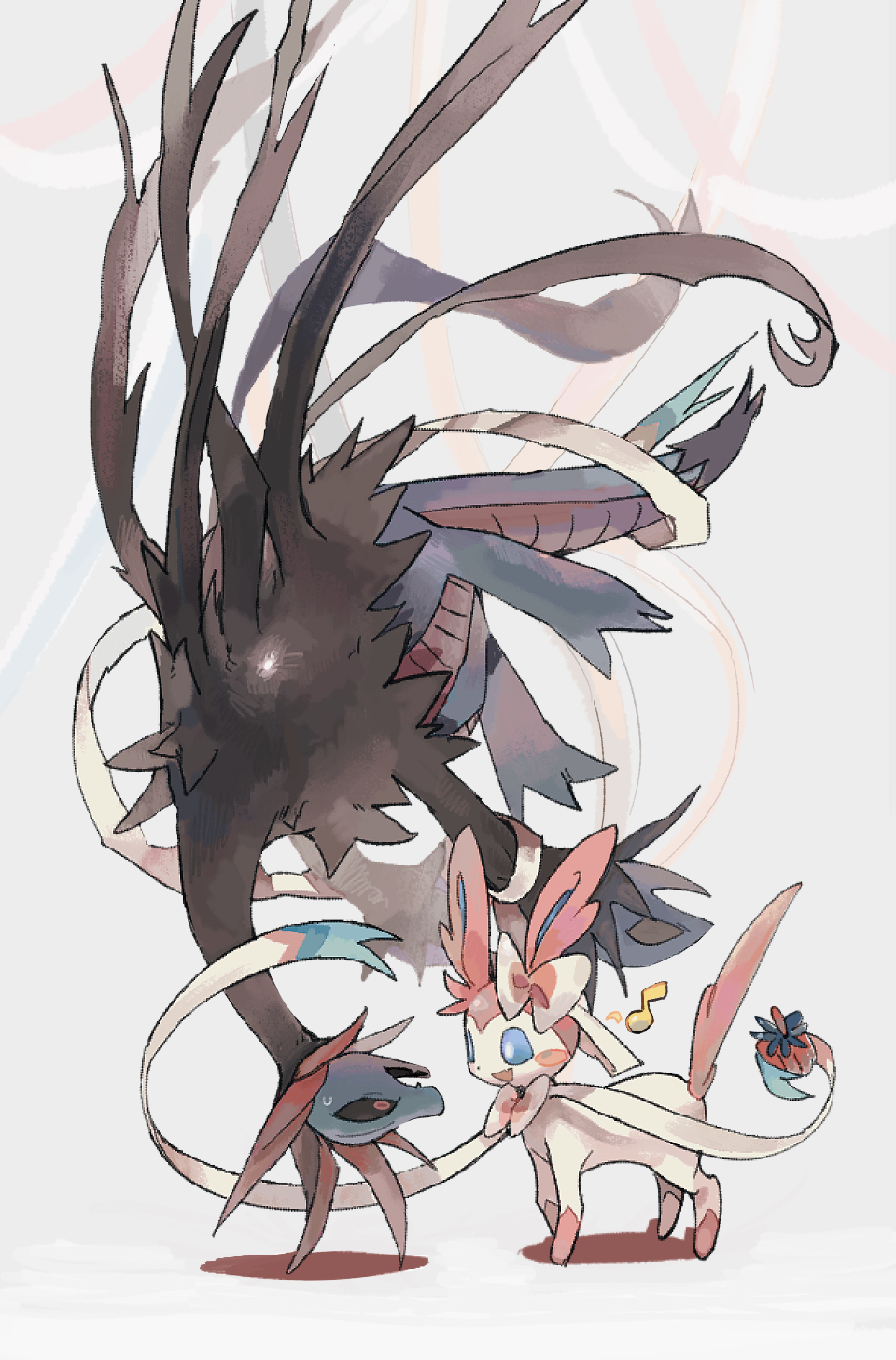 animal_focus, berry_(pokemon), black_sclera, blue_sclera, blush, blush_stickers, bow, bowtie, colored_sclera, commentary, constricted_pupils, dragon, eye_contact, fang, fangs, from_side, full_body, grey_background, haban_berry, hair_bow, happy, highres, homilmugi, hydreigon, korean_commentary, looking_at_another, musical_note, nervous, no_humans, open_mouth, pokemon, pokemon_(creature), profile, red_eyes, restrained, ribbon, skin_fang, skin_fangs, smile, spoken_musical_note, standing, sweat, sylveon, upside-down, white_bow, white_bowtie, white_eyes, white_ribbon