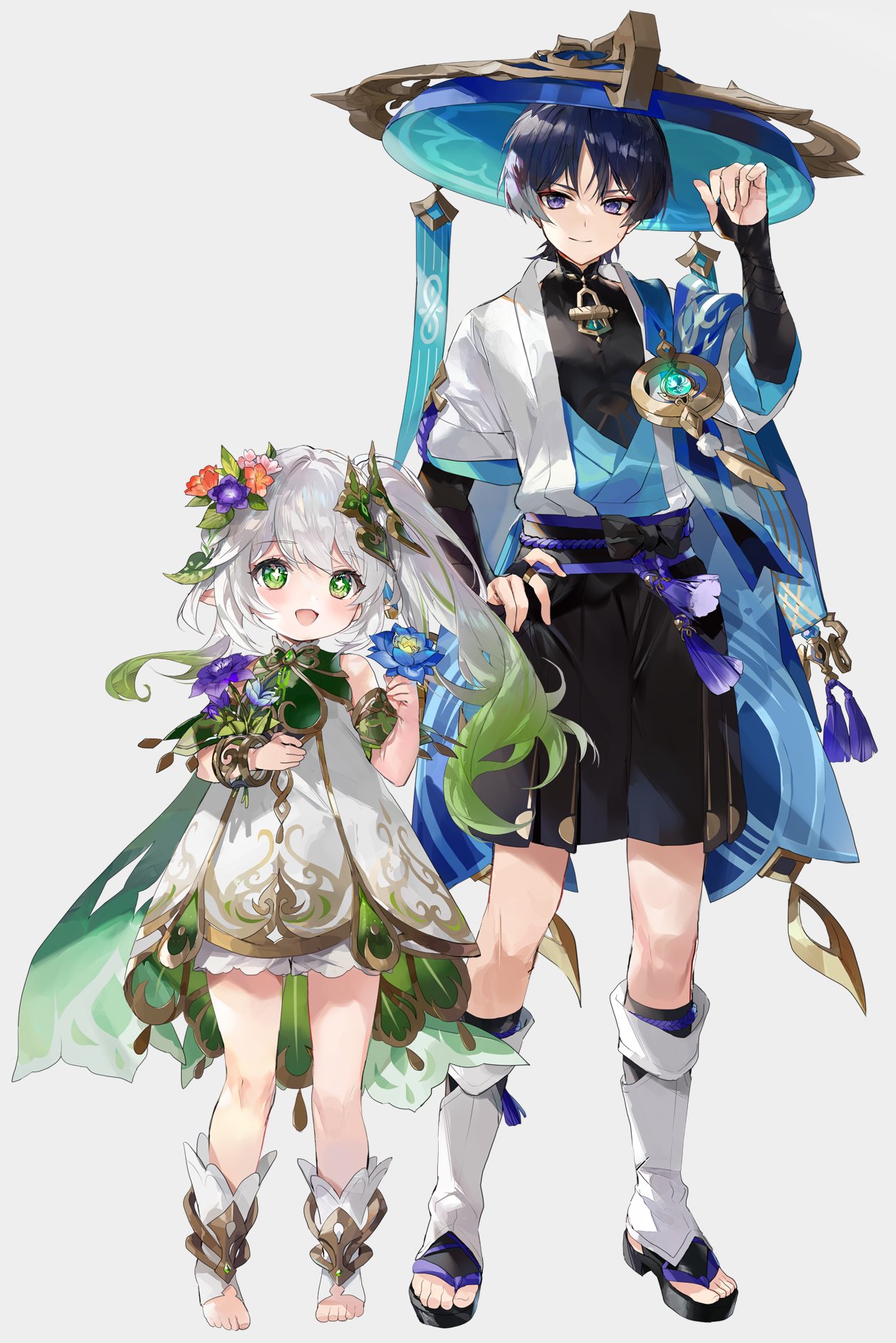 1boy, 1girl, bare_shoulders, belt, black_belt, black_bow, black_footwear, black_gloves, black_shirt, black_shorts, black_socks, bloomers, blue_cape, blue_flower, blue_gemstone, blue_headwear, blunt_ends, blush, bow, bracelet, braid, cape, closed_mouth, cross-shaped_pupils, detached_sleeves, dress, elbow_gloves, eyeshadow, fingerless_gloves, fingernails, flower, full_body, gem, genshin_impact, gloves, gold_trim, gradient_hair, green_cape, green_eyes, green_gemstone, green_hair, grey_background, grey_hair, hair_between_eyes, hair_flower, hair_ornament, hakama, hakama_shorts, hand_up, hands_up, hat, heart, heart_hair_ornament, highres, hinahino, holding, holding_flower, japanese_clothes, jewelry, jingasa, leaf, leaf_hair_ornament, leg_warmers, long_fingernails, long_hair, looking_at_viewer, looking_away, makeup, mandarin_collar, multicolored_hair, nahida_(genshin_impact), open_clothes, open_mouth, open_vest, pink_flower, pointy_ears, ponytail, purple_belt, purple_flower, purple_hair, red_eyeshadow, red_flower, ring, sandals, scaramouche_(genshin_impact), shirt, short_hair, short_sleeves, shorts, side_ponytail, simple_background, sleeveless, sleeveless_shirt, smile, socks, standing, sweat, sweatdrop, symbol-shaped_pupils, tassel, toenails, tongue, two-tone_hair, underwear, v-shaped_eyebrows, vest, violet_eyes, vision_(genshin_impact), wanderer_(genshin_impact), white_bloomers, white_dress, white_vest