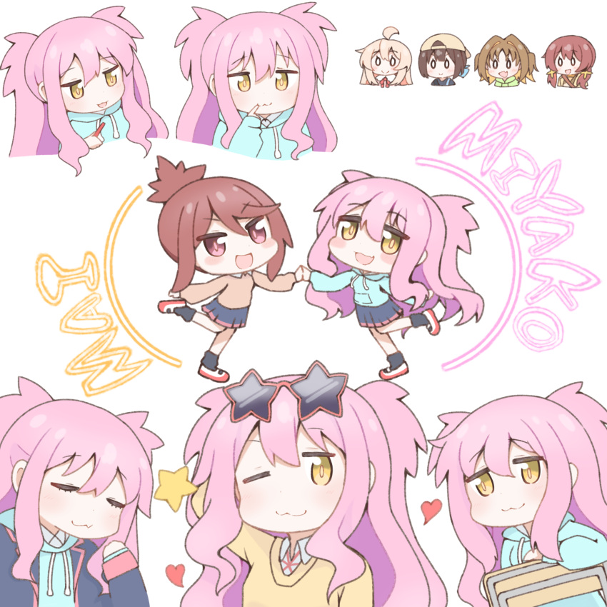6+girls, :3, :d, ;3, absurdres, blue_hoodie, blush_stickers, brown_hair