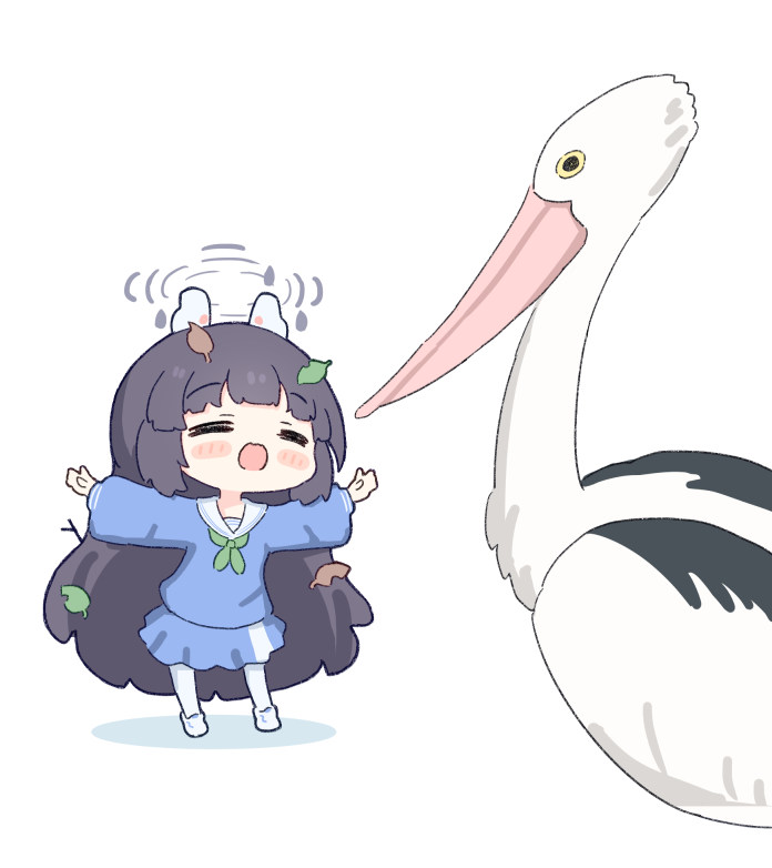 =_=, animal, bird, black_hair, blue_archive, blue_serafuku, blue_shirt, blue_skirt, blush_stickers, chibi, closed_eyes, commentary_request, halo, headgear, leaf, leaf_on_head, long_hair, long_sleeves, minigirl, miyu_(blue_archive), open_mouth, outstretched_arms, pantyhose, pelican, pleated_skirt, puffy_long_sleeves, puffy_sleeves, sailor_collar, school_uniform, serafuku, shadow, shirt, shoes, simple_background, skirt, spread_arms, umihio, very_long_hair, white_background, white_footwear, white_pantyhose, white_sailor_collar, yellow_eyes