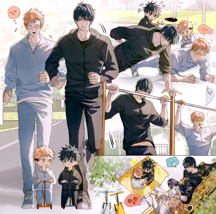 >_<, 4boys, absurdres, aged_down, bench, black_hair, black_hoodie, blue_hoodie