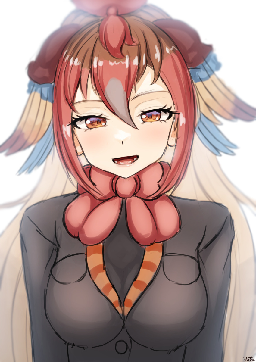 1girl, bird_girl, black_jacket, blue_hair, bow, bowtie, falr_illust, hair_between_eyes