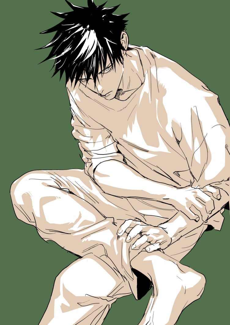 1boy, barefoot, black_hair, closed_mouth, green_background, juju_net, jujutsu_kaisen, long_sleeves