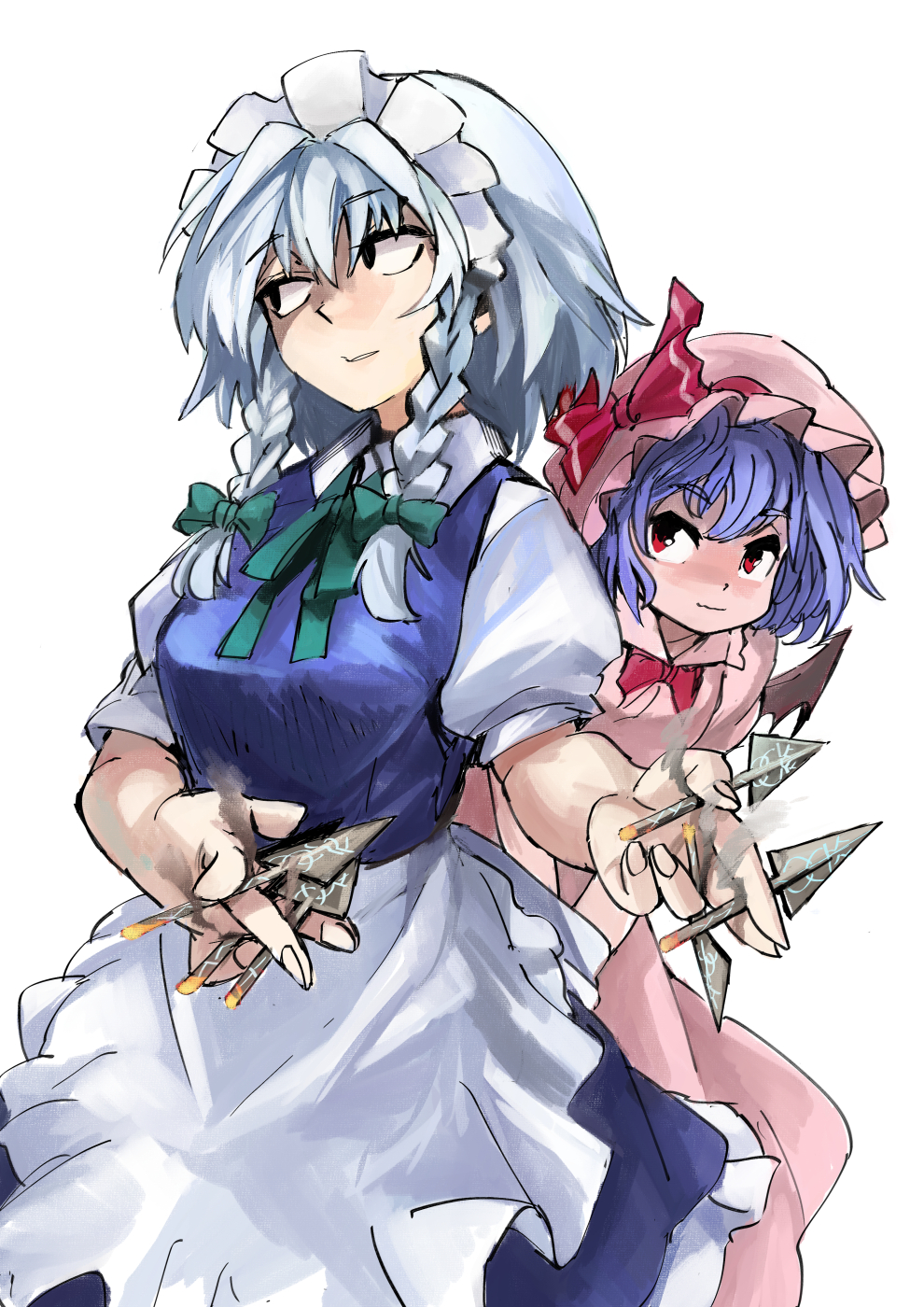 2girls, apron, between_fingers, blue_dress, braid, breasts, dress, hat