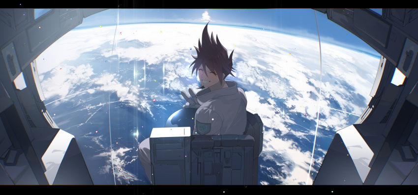 1boy, astronaut, brown_hair, closed_eyes, danganronpa_(series), danganronpa_v3:_killing_harmony, facial_hair, facing_viewer