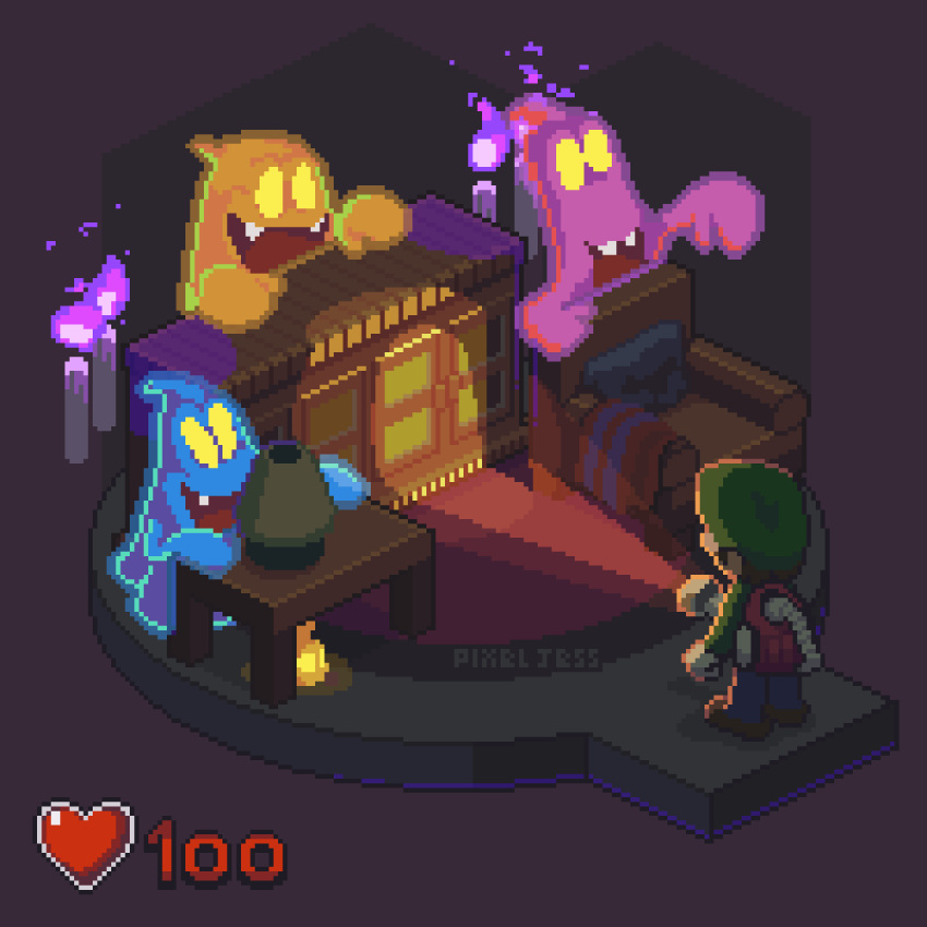 1boy, 3others, :d, animated, animated_gif, artist_name, blue_pants, candle, chair, fangs, fire, flashlight, gameplay_mechanics, ghost, gloves, green_headwear, hat, heartbeat, hiding, highres, lamp, laughing, luigi, luigi's_mansion, multiple_others, pants, pixel_jess, poltergust_3000, purple_fire, smile, table, white_gloves, yellow_eyes