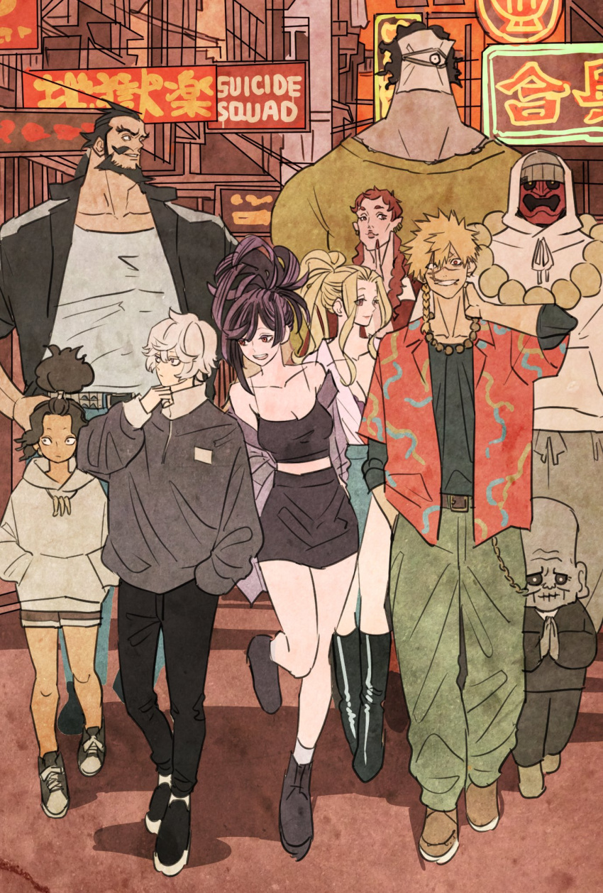 3girls, 6+boys, akaginu, alternate_costume, aza_choubei, beanie, beard, black_camisole, black_hair, black_jacket, blank_eyes, blonde_hair, bone_necklace, braid, brown_hair, camisole, covered_face, facial_hair, gabimaru, hand_in_pocket, hands_in_pockets, hat, height_difference, high_ponytail, highres, hood, hoodie, horubo_(jigokuraku), jacket, jigokuraku, long_hair, looking_at_viewer, looking_to_the_side, mask, medium_hair, moro_makiya, multiple_boys, multiple_girls, muscular, muscular_male, mustache, nurugai, off_shoulder, oni_mask, open_mouth, red_jacket, rokurota, scar, scar_across_eye, sharp_teeth, shirt, short_hair, side_braid, smile, takeuchi_ryousuke, tall, tamiya_gantetsusai, teeth, topknot, warped_keiun, white_hair, white_hoodie, white_shirt, yellow_shirt, yuzuriha_(jigokuraku)