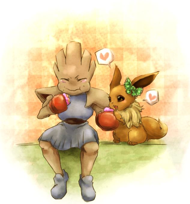 berries, blush, couple, eating, eevee, food, hair_ribbon, hitmonchan, kokh, no_humans, pokemon, pokemon_(creature), pokemon_(game), pokemon_rgby, ribbon, sexual_dimorphism