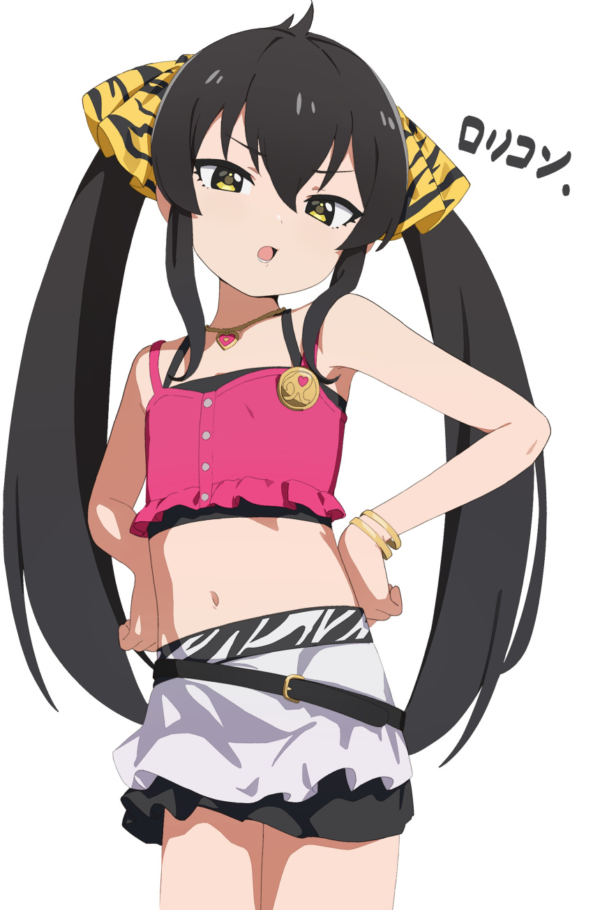 1girl, absurdres, animal_print, black_hair, bracelet, camisole, crop_top, hair_between_eyes