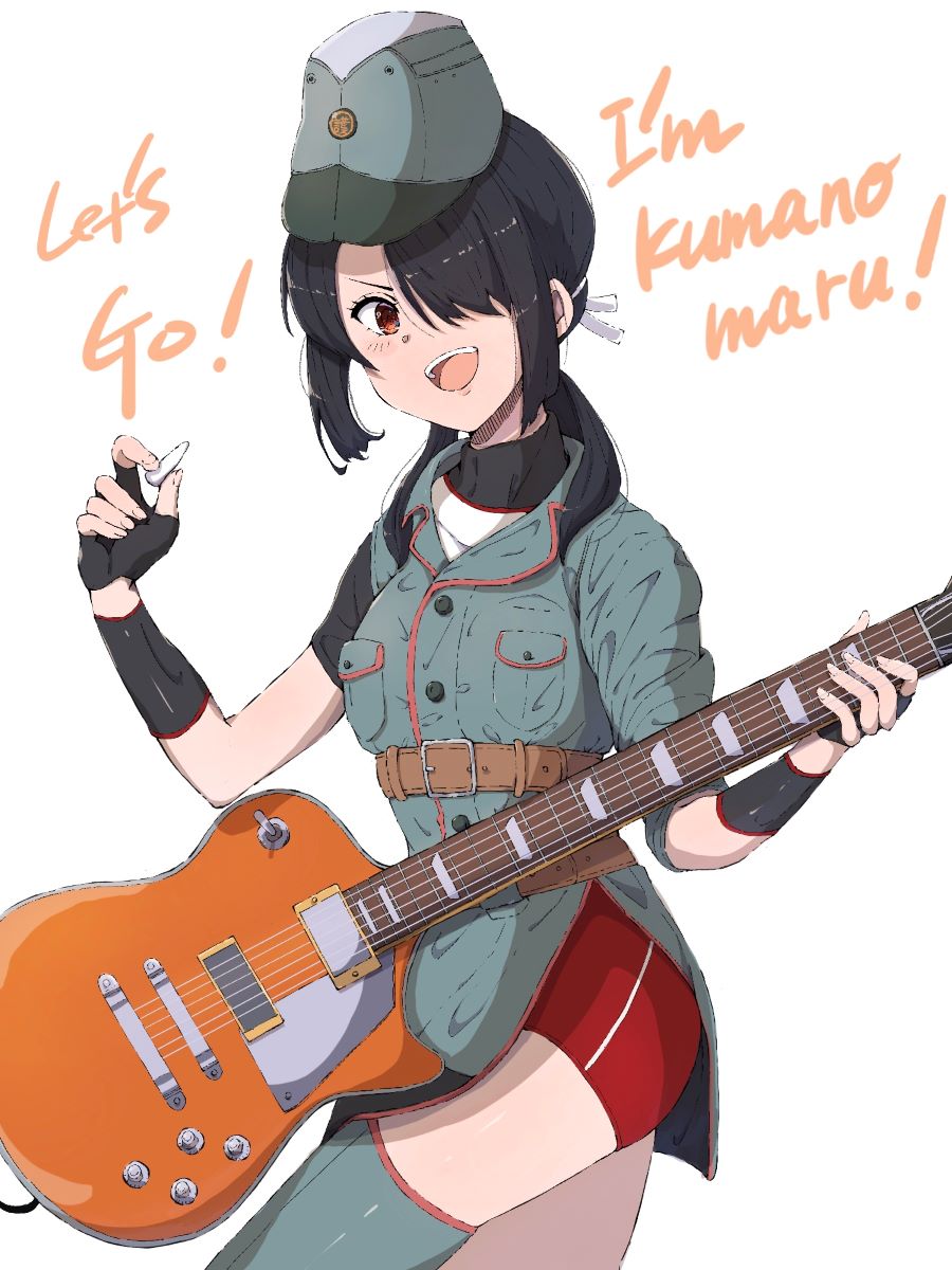 1girl, asymmetrical_legwear, belt, black_gloves, brown_belt, buruma, commentary_request, electric_guitar