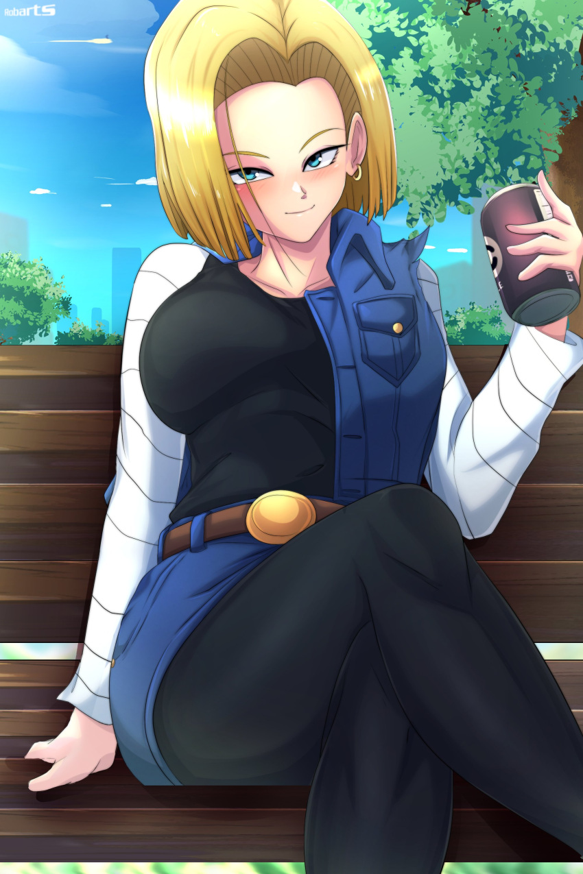 1girl, absurdres, android_18, axasempai, belt, bench, blonde_hair, blue_eyes, blue_sky, bob_cut, breasts, can, collarbone, crossed_legs, day, denim, denim_jacket, dragon_ball, dragon_ball_z, facing_viewer, highres, holding, holding_can, jacket, large_breasts, looking_at_viewer, pantyhose, park_bench, short_hair, sitting, sky, sleeveless, sleeveless_jacket, smile, solo, tank_top, watermark