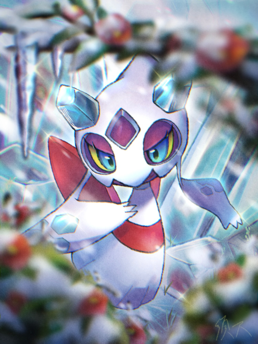 blue_eyes, blurry, blurry_foreground, colored_sclera, commentary, fangs, froslass, haru1suama