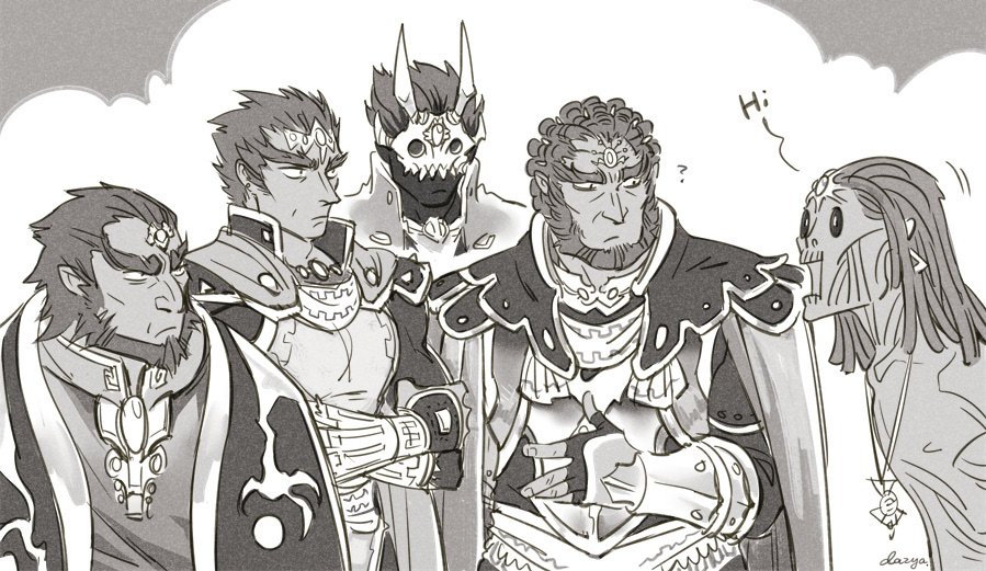 5boys, beard, big_nose, black_sclera, cape, colored_sclera, corpse, dazya_(captaindazya), facial_hair, forehead_jewel, ganondorf, gerudo, horns, mask, monochrome, multiple_boys, multiple_persona, mummy, phantom_ganon, skull_mask, surprised, the_legend_of_zelda, the_legend_of_zelda:_ocarina_of_time, the_legend_of_zelda:_tears_of_the_kingdom, the_legend_of_zelda:_the_wind_waker, the_legend_of_zelda:_twilight_princess, unamused, undead, zombie