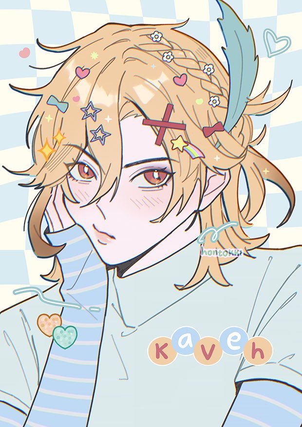 1boy, blonde_hair, blue_feathers, blush, braid, brown_hair, character_name, checkered_background, closed_mouth, feather_hair_ornament, feathers, genshin_impact, hair_ornament, hairclip, head_rest, heart, hontokki, kaveh_(genshin_impact), light_blue_background, male_focus, medium_hair, multicolored_background, multicolored_hair, red_eyes, solo, white_background