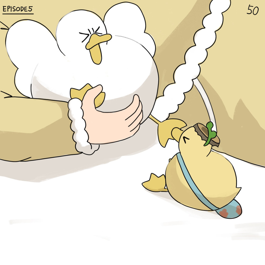 >_<, 1girl, bird, blue_bag, bottle_cap, clumsy_nun_(diva), diva_(hyxpk), duck
