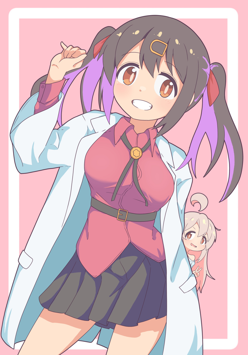 2girls, absurdres, ahoge, belt, black_hair, black_skirt, bolo_tie, breasts