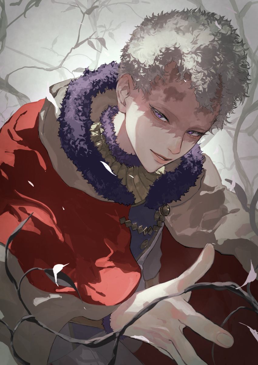 1boy, black_clover, capelet, fur-trimmed_capelet, fur_trim, highres, parted_lips, plant, scar, scar_on_face, short_hair, smile, solo, tdgypm, violet_eyes, white_hair, william_vangeance, yellow_capelet