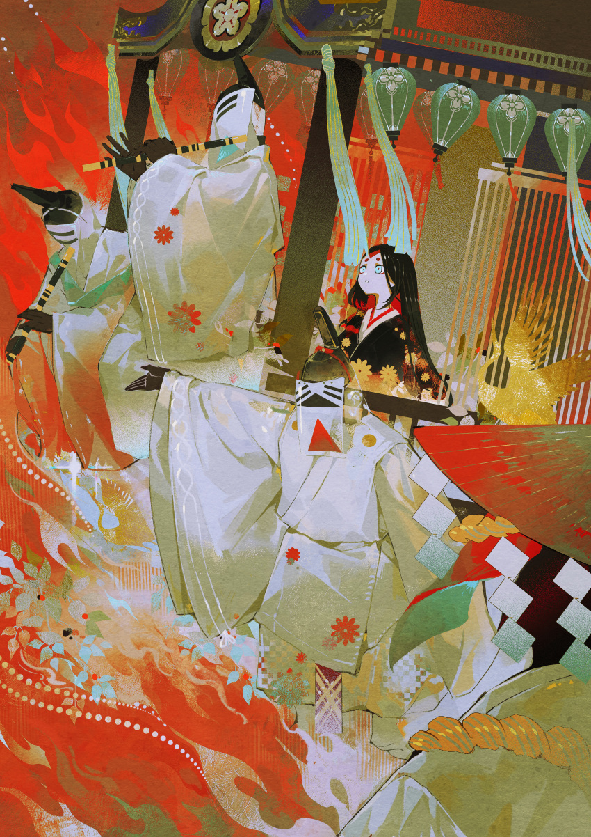 1girl, 4others, :o, absurdres, aqua_eyes, bird, black_headwear, black_kimono, black_skin, character_request, colored_skin, covered_face, crane_(animal), fire, flute, gesshi_(x2mciyellrzrhg1), hat, highres, instrument, japanese_clothes, kimono, lantern, litter_(vehicle), long_hair, long_sleeves, looking_away, mask, multiple_others, music, onmyoji, onmyoji:_the_card_game, outstretched_arm, outstretched_arms, paper_lantern, parade, playing_instrument, red_background, redhead, rope, shide, short_eyebrows, solo_focus, straw_hat, tate_eboshi, transparent, veil, very_long_hair, white_kimono, wide_sleeves