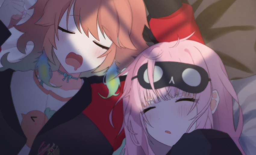 2girls, bed, black_jacket, blunt_bangs, blush, bow_choker, breast_pillow, closed_eyes