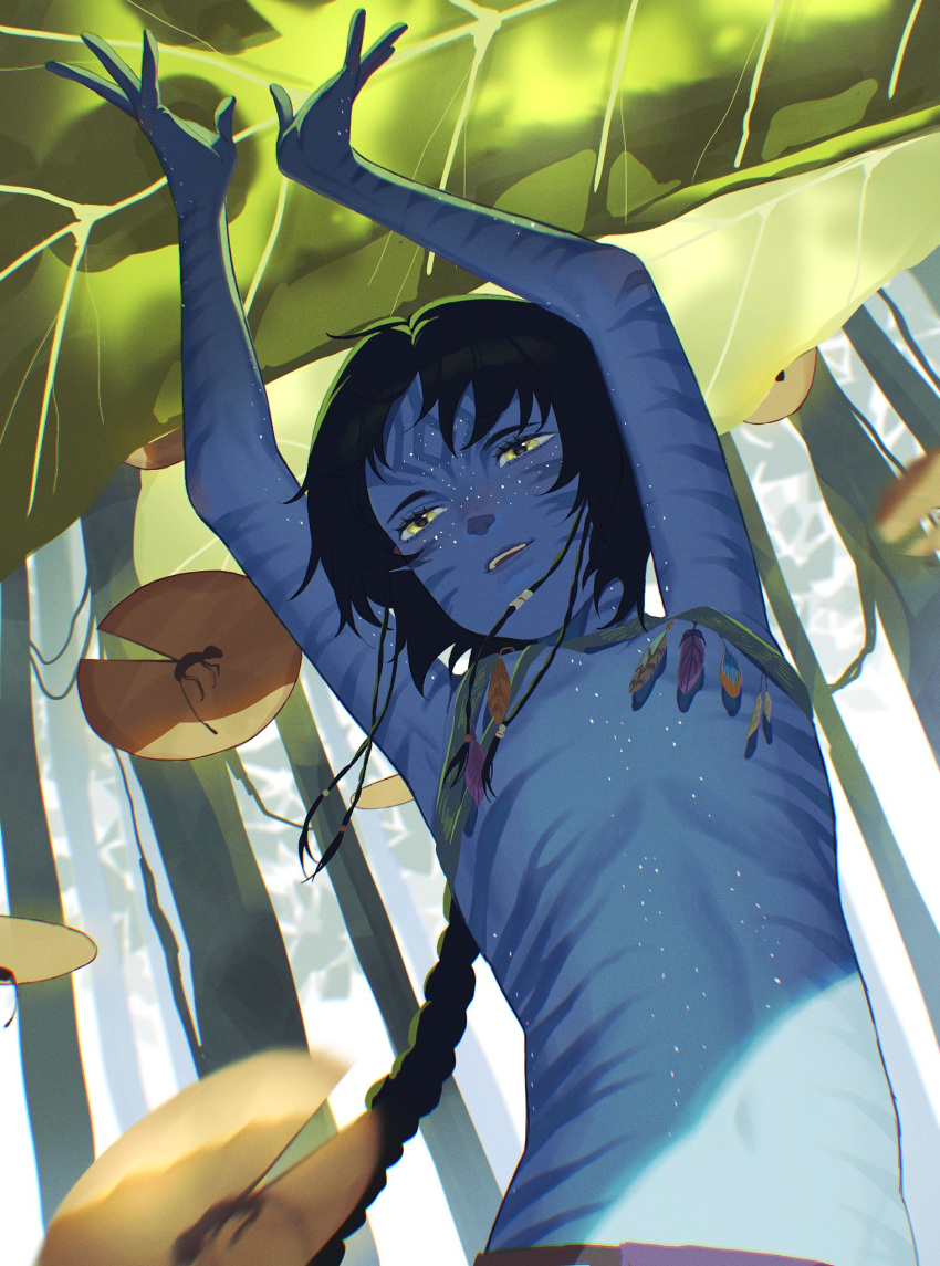 1girl, alien, avatar, avatar:_the_way_of_water, black_hair, blue_skin, breasts, cat_girl, colored_skin, commentary, cowboy_shot, english_commentary, from_below, highres, kiri_(avatar), navel, outdoors, short_hair_with_long_locks, small_breasts, solo, tall_female, teeth, tribal, u_2764